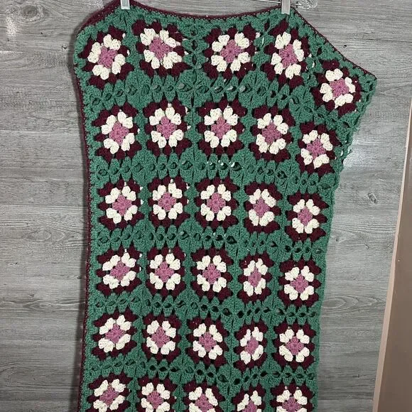 Handcrafted Floral Crochet Throw Blanket - Green, Purple, Cream - Picture 1 of 7